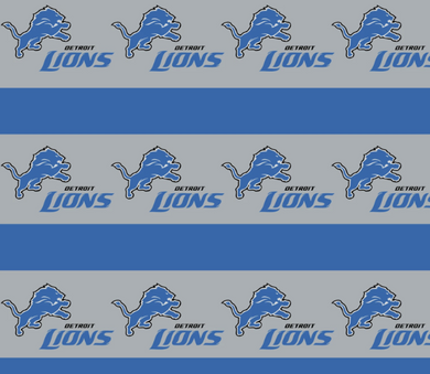 Pattern of Detroit Lions logos and text on a gray and blue background. [designerspandexandmore.com]