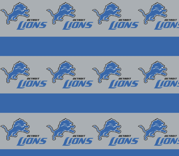 Pattern of Detroit Lions logos and text on a gray and blue background. [designerspandexandmore.com]